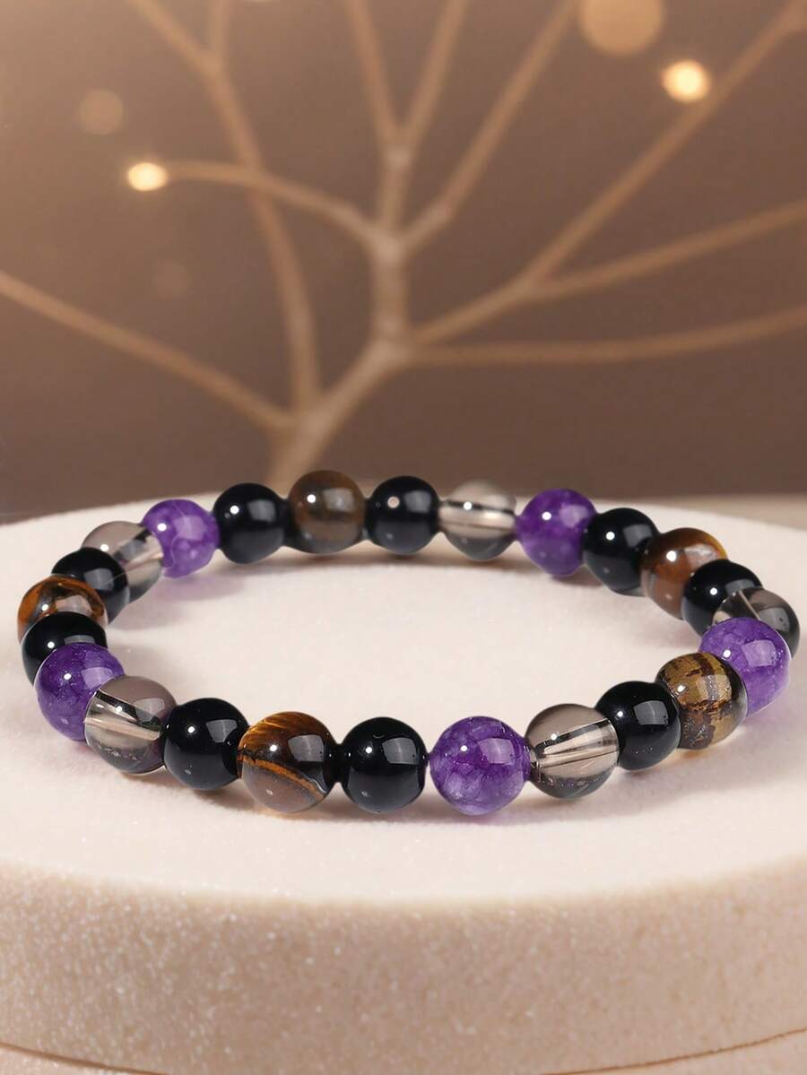 YAUKIA 1条勇气手链，8毫米虎眼石烟晶紫水晶珠手链，冥想灵性疗愈减压饰品礼品 - 彩色 - 查看 1