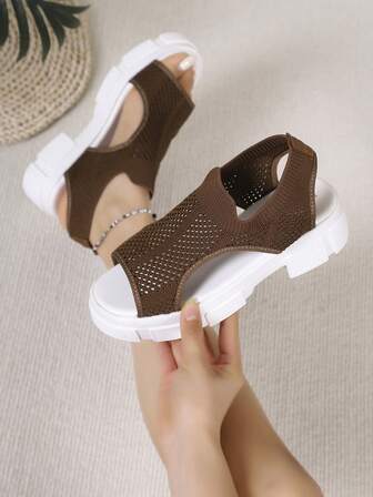 Women's Thick Sole Knitted Side Hollow Peep Toe Simple Elegant Platform Sandals, Casual Beach Solid Color, Suitable For Elegant, Sports, Vacation, Bohemian, Outdoor, Summer
