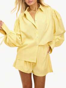 طقم قميص كاجوال مع أكمام فانوس وربطة عنق مخطط وشورت خصر مطاطي، مناسب للعطلات والشاطئ والاستخدام اليومي والحديقة والشارع - أصفر - مشاهدة 5