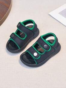 1 Pair Unisex New Style PU Hook And Loop Design Flat Cute Sandals, Soft Bottom Non-Slip Children Beach Shoes, Suitable For Summer - Black - View 5