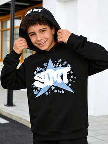 Fashionable And Versatile Teen Boys' Cute Cartoon Star & Smiling Face Print Hooded Sweatshirt, Thermal Lined, Hoodie, Teen Boys Gifts - Black - View 4