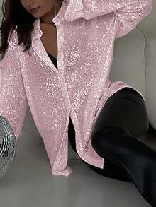 Women's Sequined Long-Sleeved Collar Shirt Button-Down Cardigan Loose Shirt, Fashionable, Suitable For Street, Music Festivals, Parties - Pink - View 5
