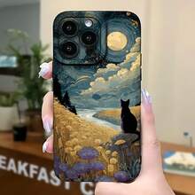 2026 nueva funda de teléfono esmerilada, funda de teléfono con paisaje de noche estrellada, impresión artística de gato negro y flores para iPhone 17 14 Pro Max 13 12 11 Xs X  Galaxy S23 S22 S21 S20 Fe Note 20 Ultra, funda protectora para teléfono, regalo para novio o novia, regalo de vacaciones - Negro - Ver 5