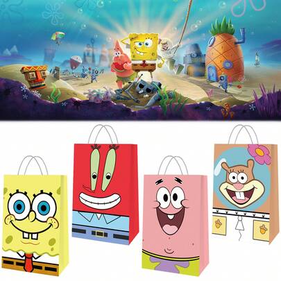 SpongeBob SquarePants Set de 12 bolsas de papel para regalo con tema, bolsas de caramelos para fiesta de cumpleaños, bolsas con asa, bolsas de regalo, bolsas de papel kraft