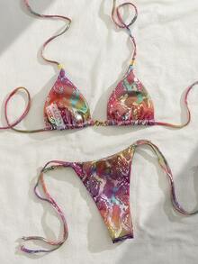 PEPPERMOLLY 2026 Bikini da donna alla moda, colorato, taglio laser, neon. Set bikini sexy con top a triangolo e slip con vita annodata. Tessuto elastico con stampa neon, adatto per spiaggia e piscina, vestibilità aderente per valorizzare la figura. - Multicolore - Visualizzare 4
