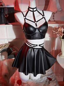 Women's Lingerie Set, Valentine's Day Sexy Lingerie, Pajama Set, Lingerie Set, Valentine's Day Role-Playing Costume 3-Piece Set, Black Sexy Style Halter Neck Cross Strap Bondage Leather Material Thin Slim Fit Seductive Nightclub Uniform Dress With Panties - 黑色 - 查看 3