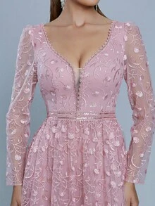 Anpoket U-Neck Embroidered Lace Long Sleeve Beaded Lace High-End Evening Dress - Pink - View 6