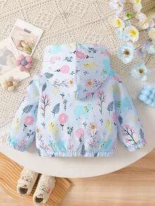Baby Girls' Cute Hooded Floral Print Lightweight Cardigan Jacket, Suitable For Everyday Outings, Spring/Autumn - Blue - View 3