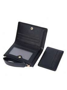 Cartera elegante y exquisita de piel de lichi con hebilla, de gran capacidad y multifunción, con cremallera portátil, clip para tarjetas de estudiante, monedero lindo y adecuado como regalo para jóvenes estudiantes, mujeres y hombres - Negro - Ver 4