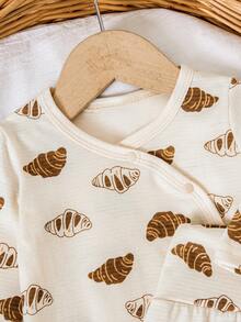 2pcs Baby Boy Cute Bear & Bread Print Long Sleeve Top + Footed Pants Set - Apricot - View 3