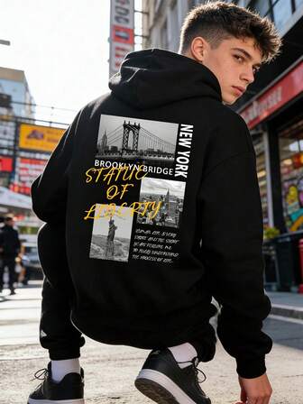 Youth Autumn/Winter Black Fashionable Versatile Bear Print Warm Hoodie Sweatshirt, Fleece, Hooded, Teen Boys Gifts