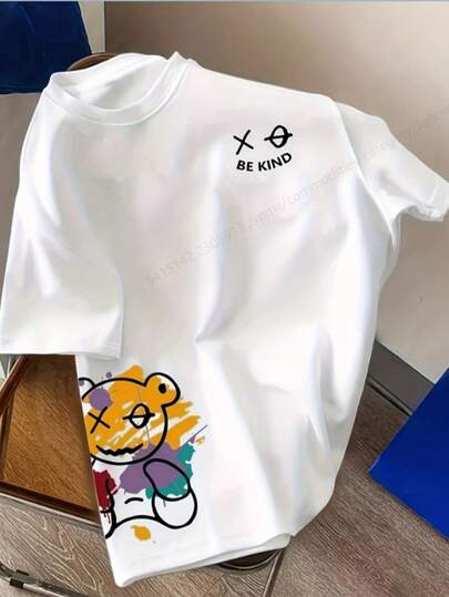 180gsm Slightly Stretchy Crew Neck Men's Casual Crew Neck T-Shirt, Polyester Knit Fabric, Slightly Stretchy, Summer Top, Suitable For Daily, Beach, Outdoor Activities, Mature Silhouette, With Bear Graphic And "Be Kind" Message