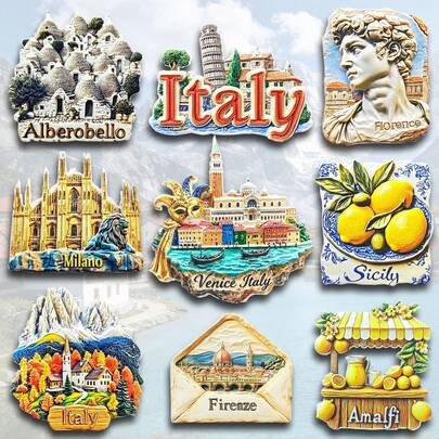 1 pieza Imán de nevera de resina colorida, recuerdo de viaje a Italia Florencia, Milán, Venecia, Dolomitas, Sicilia, Limón de Amalfi, decoración artística de Alberobello para refrigerador, pizarra, gabinete, lavavajillas, cocina, hogar, regalo del Día de San Valentín, amigos y familiares, cultura histórica, decoración de papelería creativa con dibujos animados personalizados, exhibición de tienda