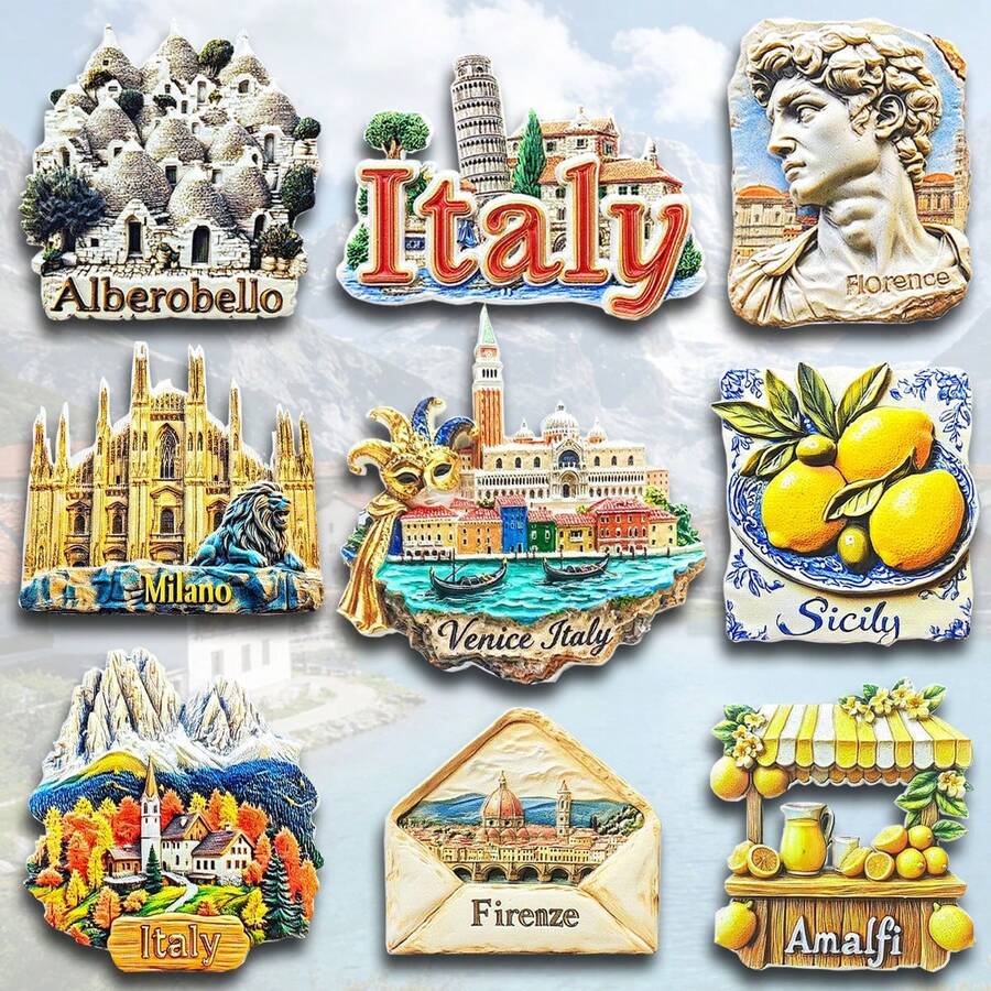 1pc Colorful Resin Fridge Magnet, Italy Travel Souvenir Florence, Milan, Venice, Dolomites, Sicily, Amalfi Lemon, Alberobello Art Decor For Refrigerator, Whiteboard, Cabinet, Dishwasher, Kitchen, Home, Valentine's Day Gift, Friends & Family, Historical Culture, Personalized Creative Cartoon Stationery Decoration, Shop Display - Multicolor - View 1