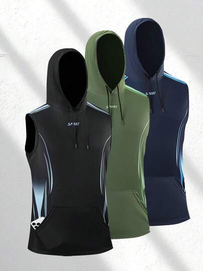 男士夏季无袖连帽T恤，图案设计，适合日常穿着、户外活动和跑步/健身。