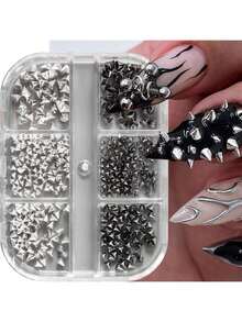 2 Boxes Y2K Punk Metal Rivet Nail Charms Cone Mixed Sized Black Silver Gold Nail Art Studs 3D Stylish Alloy Spike Nails Decora Nail Supplies Nails Nail Gems - 彩色 - 查看 7