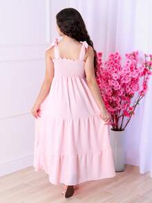Girls' Long Three-Tiered Dress With Straps | Duna Fabric | Elastic Back | Sizes 12 To 16 - 淺粉色 - 查看 3
