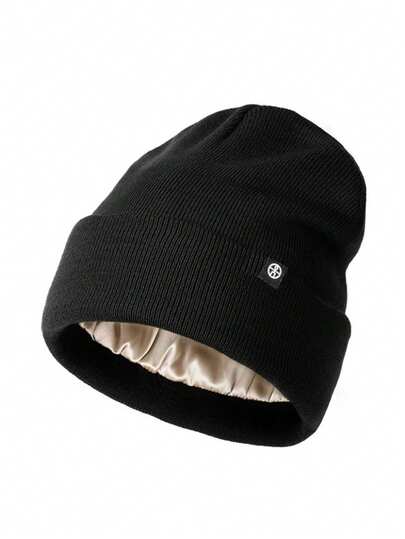 1顶男女通用纯色Logo真丝内衬双面针织帽，保暖护颈冬季情侣帽