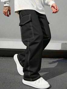男士多口袋工装裤，休闲宽松版型，适合海滩、度假、日常通勤、运动、户外、健身、慢跑等各种场合，宽松直筒裤型，时尚街头服饰 - 黑色 - 查看 1