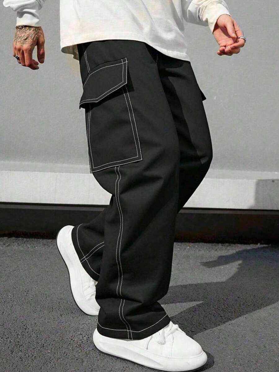 男士多口袋工装裤，休闲宽松版型，适合海滩、度假、日常通勤、运动、户外、健身、慢跑等各种场合，宽松直筒裤型，时尚街头服饰 - 黑色 - 查看 1