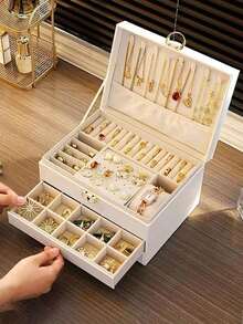 Three-Layer PU Leather Jewelry Box, Luxurious Large-Capacity Jewelry Storage Box, Multi-Layer Lockable Jewelry Box, Multi-Functional Storage Box, Women's Accessory Storage And Organizer, Drawer-Style Jewelry Storage Box, Dressing Table Organizer, Ring/Earring/Necklace Display Stand, Jewelry And Accessory Organization And Storage, Women's Gift, Holiday Gift, Christmas Gift.