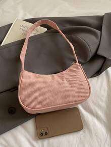 1 chiếc túi đeo vai bằng vải nhung kẻ màu trơn có khóa kéo, phụ kiện hoàn hảo cho trang phục mùa thu của nữ, lý tưởng cho ngày Valentine. - Màu Hồng  Dưa hấu - Xem 3