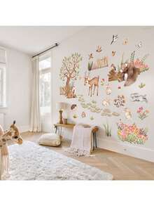 Autocolante de perete cu tematică de pădure, cu animale de desene animate, copaci și grădini, o temă distractivă și naturală, potrivite pentru decorarea camerei de zi, a dormitorului, a pereților, a casei și decorațiuni imaginative. Decor autoadeziv pentru casă. - Multicolor - Vizualizare 6