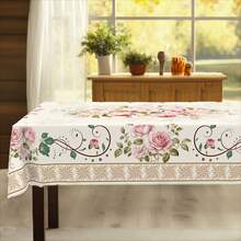 1pc Spring/Summer Romantic Vintage Pink Rose Pattern Tablecloth, French-Style Elegant Floral Print Rectangular Tablecloth, Home Kitchen Dining Table Cover, Indoor/Outdoor Use, Home Decor, Suitable For Valentine's Day, Mother's Day, Weddings - 香檳色 - 查看 9