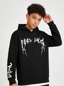 Youth Autumn/Winter Black Fashionable Versatile Bear Print Warm Sweatshirt, Fleece, Hooded, Teen Boys Gifts - Black - View 2