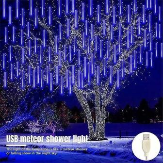 1set 192LED Meteor Shower Christmas Lights, USB Powered Icicle String Lights, 8 Strings, Available In Blue, White, Multi-Color And Warm White, Suitable For Holidays, Weddings, Home Decoration,Parties, Porch, Garden Decor, Christmas Tree Drip Decor, Creating A Charming Ambiance
