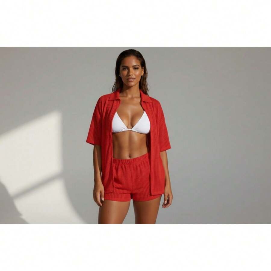 Women's Beach Cover-Up Set In Lightweight Fabric - One Size - Red - View 1