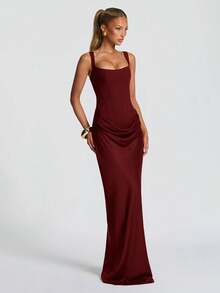 Elegant Sexy Spaghetti Strap Bodycon Party Dress, Ruched Decor Design, Fashionable Cocktail Formal Gown For Banquet, Ball, Cocktail Music Festival - Burgundy - View 3