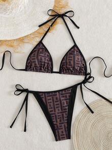 2件套随机印花撞色滚边时尚女士比基尼沙滩泳衣套装，三角挂脖露背系带设计，优雅性感，适合海滩度假和日光浴。 - 黑色棕色 - 查看 3