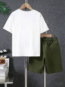 Bộ áo thun ngắn tay in chữ và quần short kaki cho bé trai. - xanh quân đội - Xem 2