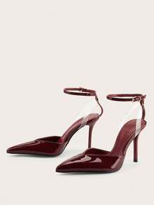 Sexy Buckle Criss-Cross Strap Party Minimalist Chic Commute Sexy Buckle Party Banquet Wine Red Patent Leather Closed Toe Stiletto High Heels - Burgundy - View 3