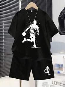 男童印花圆领短袖T恤和短裤休闲套装 - 黑色 - 查看 1