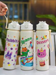 1个750毫升/26盎司可爱卡通兔猫图案吸管水瓶，轻便易携，适合露营、跑步、日常使用、节日和生日礼物 - 彩色 - 查看 6