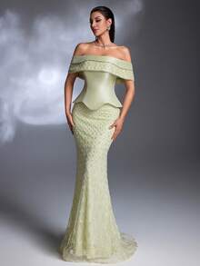 AMILUCK 新款奢华高端时尚年轻优雅女士亮片蕾丝缎面露肩荷叶边美人鱼尾长裙，正式晚宴派对红毯婚礼宾客礼服 春季 - 淡黃色 - 查看 8