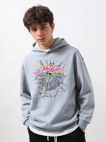 Teens' Black Fashionable Versatile Bear Print Warm Sweatshirt Sweatshirt, Fleece Lined, With Hood, Gift For Teenage Boys, Autumn/Winter