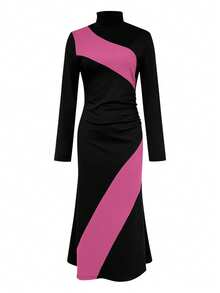 一件装女士优雅高领针织长袖连衣裙，撞色设计，百搭款式，适合办公室、日常穿着、新年派对、节日庆典等场合。 - 黑色 - 查看 2