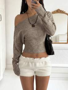 Sexy Open Shoulder Off Shoulder Knit Sweater, Comfortable & Elegant, Suitable For Dating, Casual Gatherings, And Travel In Autumn/Winter - Camel - View 1