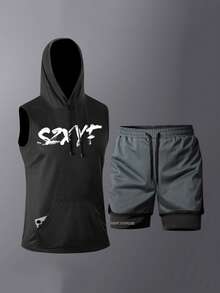 New Outdoor Men Sports Hooded Sleeveless Shorts Set, Running, Workout, Fitness - Black - View 11