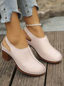 Plus Size 36-43 Summer New Fashion Pink Metallic Buckle Chain High Heel Sandals, Open Toe Chunky Heel PU Leather Daily Wear Slippers For Women - Premium Pink PU - View 3