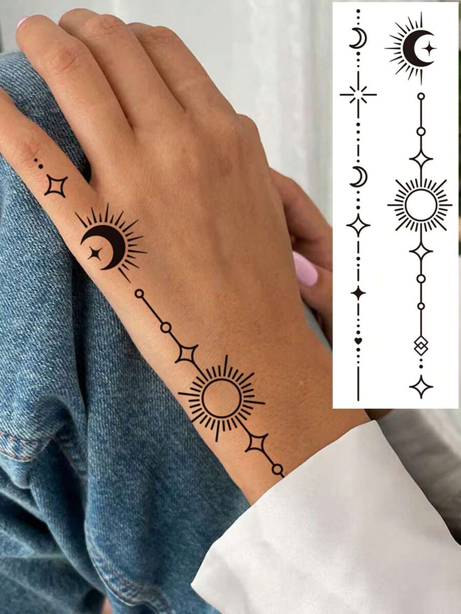 1 Sheet Waterproof Tattoo Sticker, Moon Heart Pattern Temporary Tattoo Suitable For Hand, Arm, Leg And Body Wear, Water Transfer Fake Tattoo For Women And Men - Black - View 1