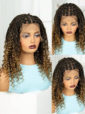 Full Lace Goddess Box Braid Wig For Women - Curly End Braided Synthetic Hair Wig With Ombre Color & Natural Hairline, Ideal Holiday Gift For All Ladies