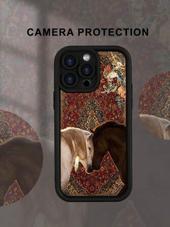 Creative 2D Pattern With Middle Eastern Floral Print, Horse & Colorful Bird Decor, Suitable For Friends, Family, Couples Birthday, Holiday Gifts, Matte Black Soft Case Compatible With IPhone 17/16/15/14/13/12/11/Pro/ProMax/X/XR/XS/XSMAX/7/8/PLUS And Models