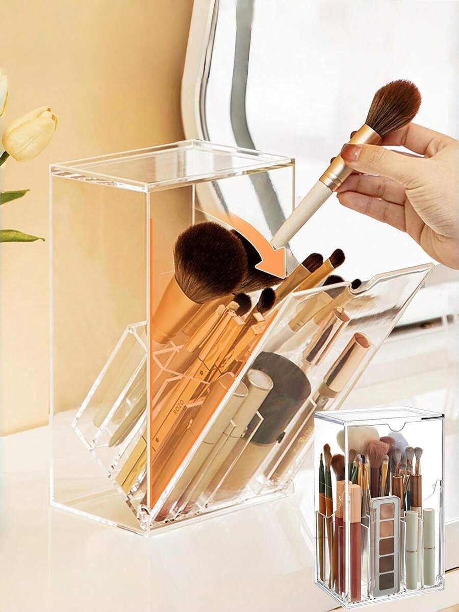 1pc Makeup Brush Holder, Transparent Makeup Brush Rack, 17 Slots Slanted Opening Detachable With Lid Design, Acrylic Makeup Brush Storage Box, Suitable For Vanity Decoration, Office And Home