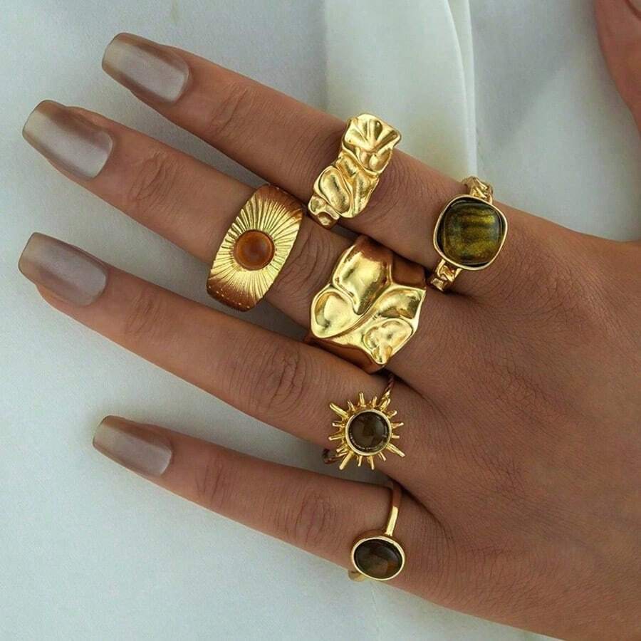 6-Piece Irregular Geometric Unique Design Women's Ring Set Sunflower Tiger Eye Stone Ring Set, Suitable For Gatherings, Vacations, Gifts, And Daily Life - Vàng-1 - Xem 1