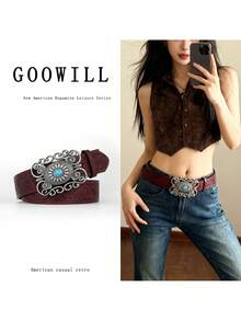 1 Piece, Turquoise-Inlaid Western Belt, Silver-Plated Antique Floral Buckle Leather Belt, Vintage Bohemian-Style Ladies' Belt, Denim Fashion Accessory Suitable For All Seasons. - Multicolor - View 3