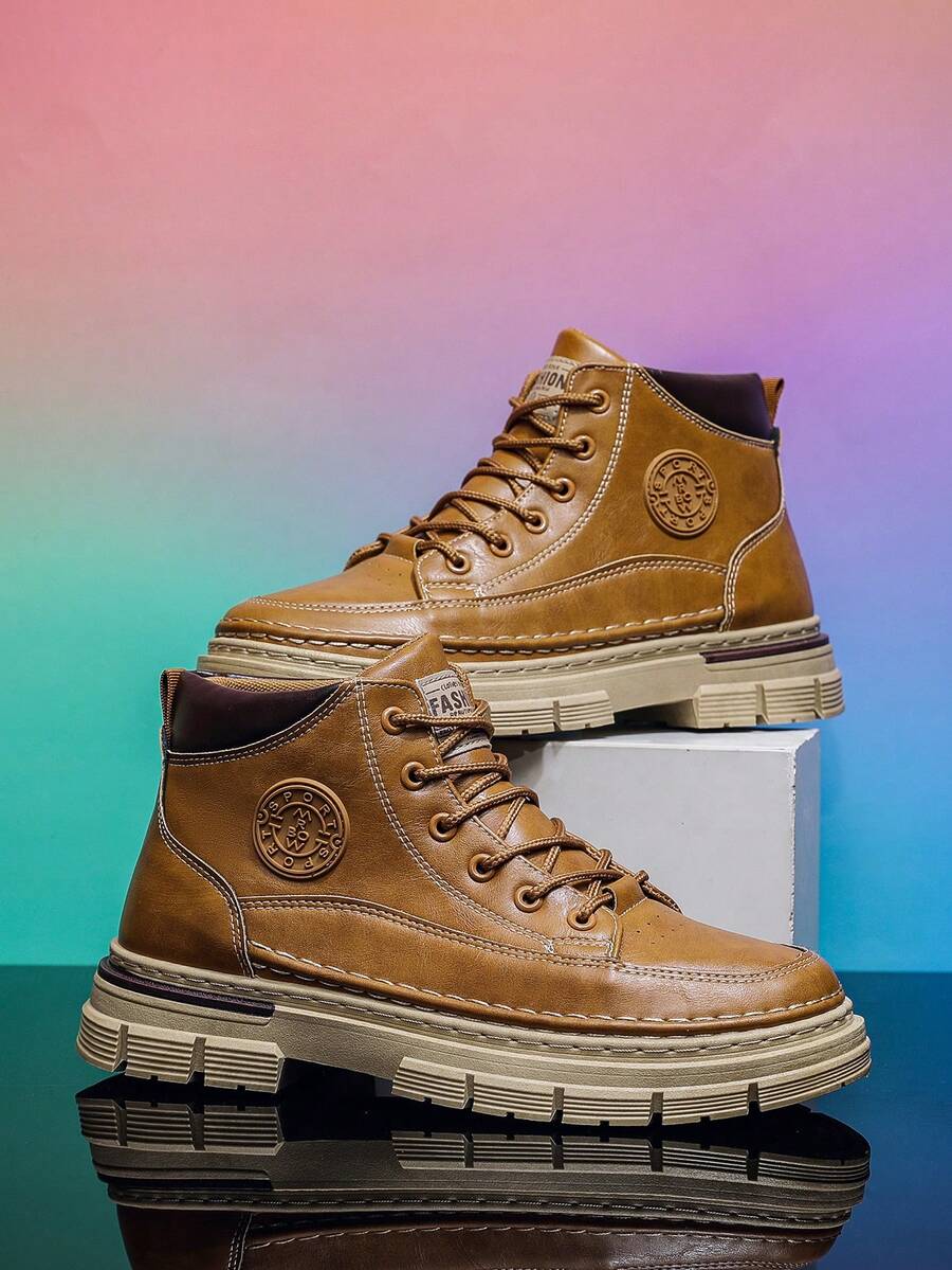 New Boots, Retro Men's Shoes, High-Top Lace-Up Shoes, British Style Men's Shoes Work Boots - Yellow - View 1